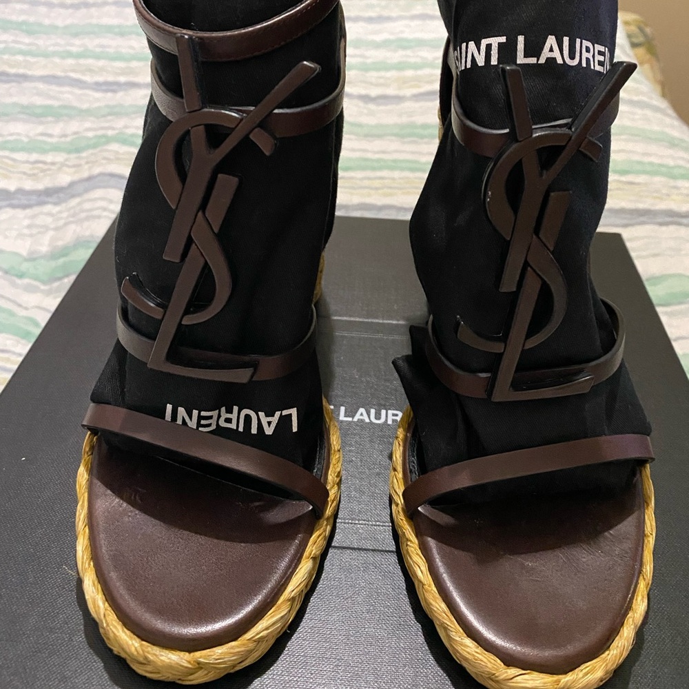 YSL BROWN WOVEN BOTTOM WEDGE SANDALS
